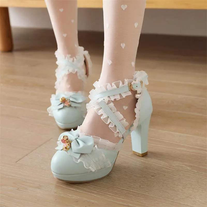 Sandals Cross Straps Summer Women Fashion Pink Lolita Shoes For Girls Sweet Bow-tied String Bead Heels Ladies Pumps Large Size 7Sandals
