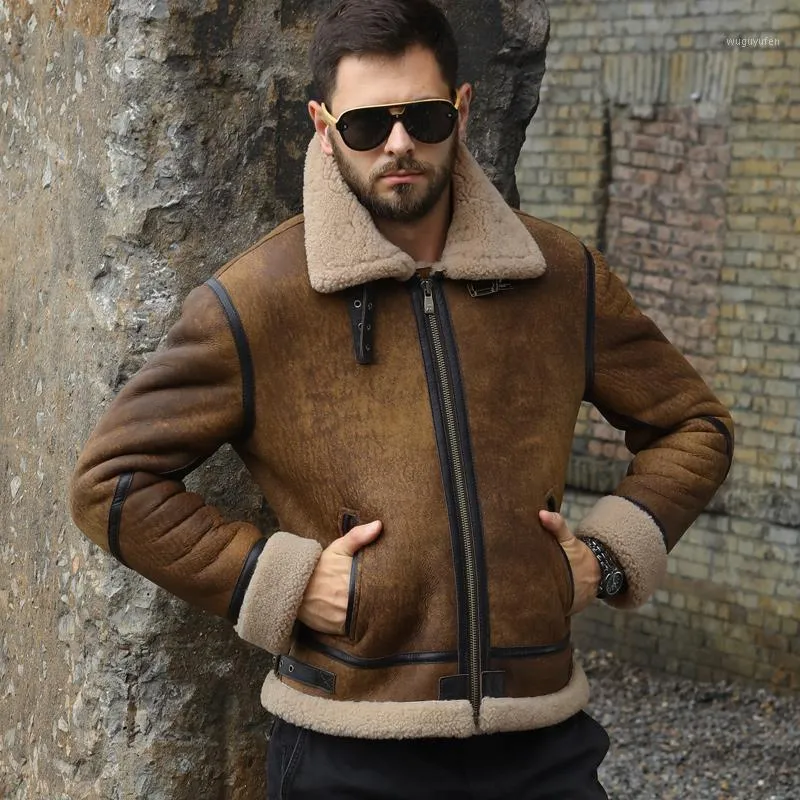 Men's Leather & Faux Original Ecological Leisure Sheepskin Fur Lapel Retro Winter Wool Coat Mens Short Genuine Motorcycle Sherling Jacket 6X