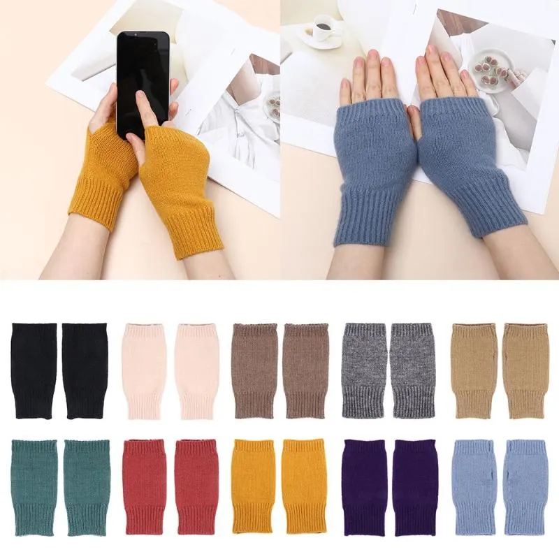 Cinq doigts gants de couleur solide femme sans doigt hommes tricotés en laine noire demi-doigt ordinateur