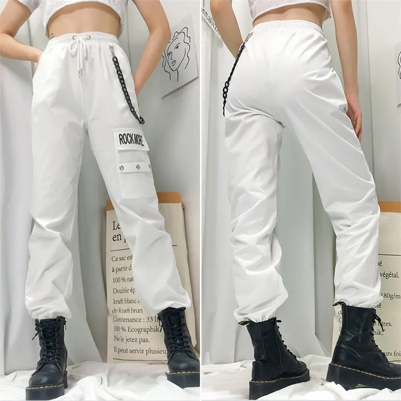 Rockmore zwarte vrachtbroek met kettingzakken vrouwen hoge taille broek witte wijd been broek femme pant winter streetwear herfst 201113