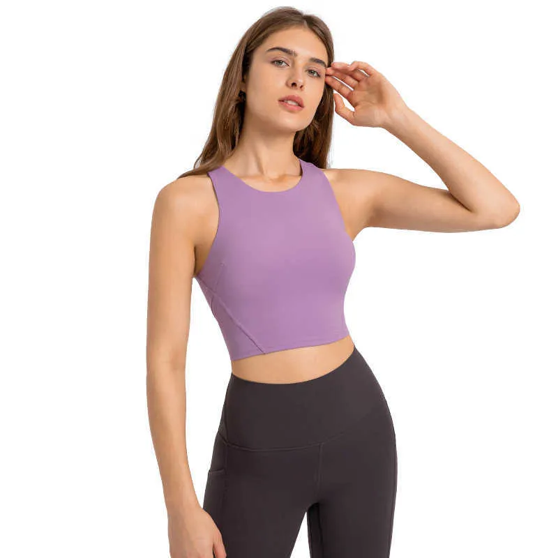 LU-07 Racerback Yoga Tank Tops Vrouwen Fitness Mouwloze Cami Top Sport Shirt Slanke Geribbelde Running Gym Shirts met ingebouwde BH