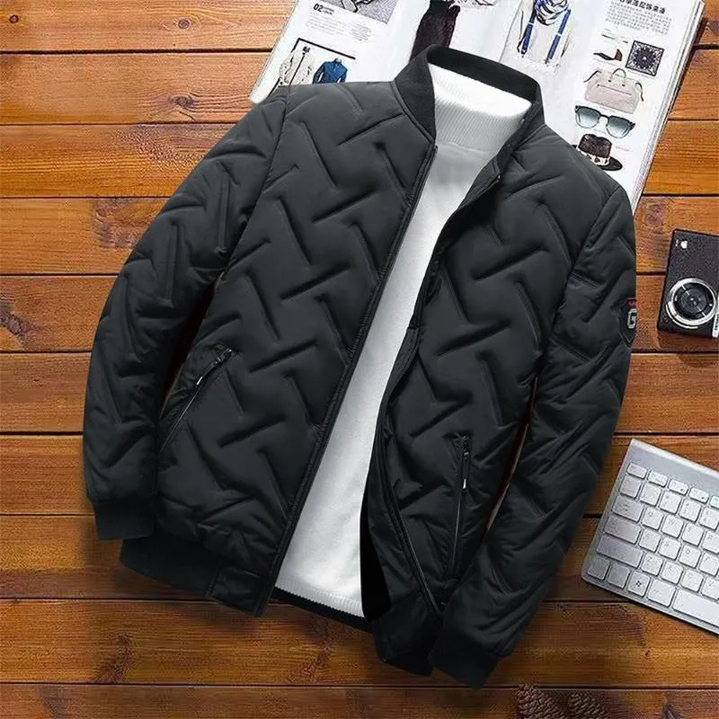 Men s Casual Cotton Padded Baseball Jacket Warm Diamond Pattern Winter Coat Black Green Grey 2024