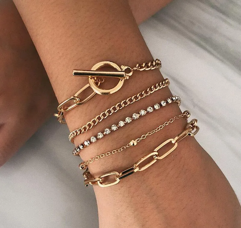 Bohemian Crystal Bracelet Set in Layered Chain Bangles, Geometric  Charm, Adjustable Lasso, Fashion Jewelry Gifts for Women