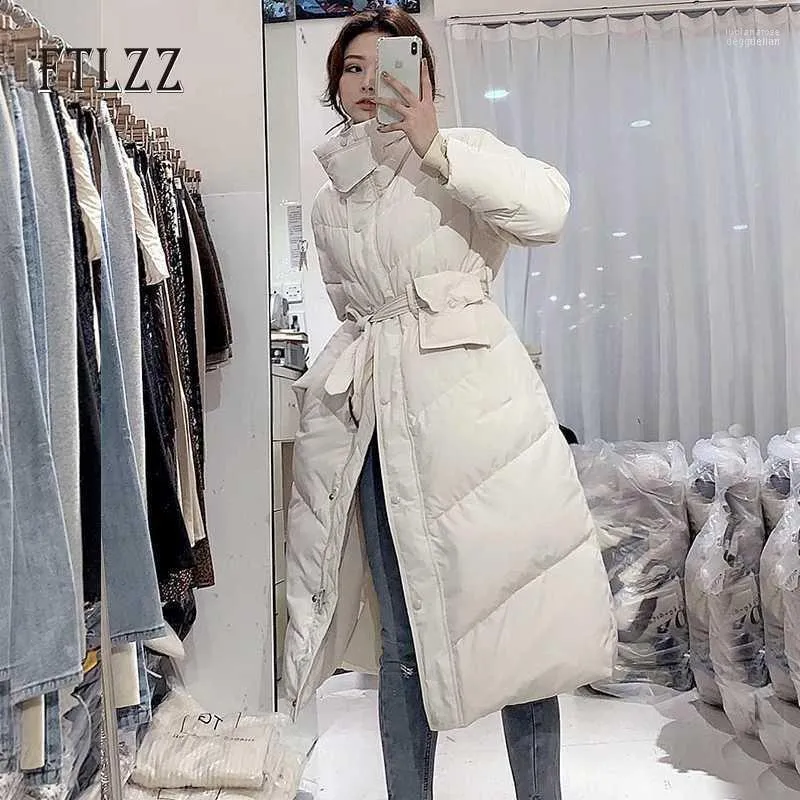 Women's Down Parkas Winter Puff Jacket Kvinnor A-Line Long Coat Kvinna 90% White Duck Korean Casual Thick Belt Outwear Luci22