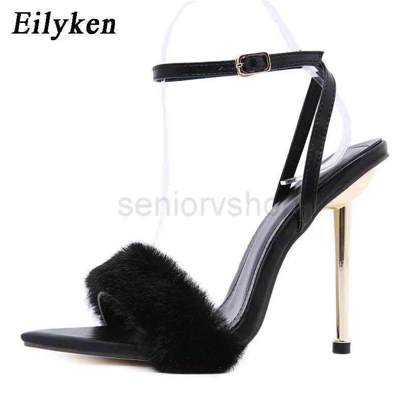 Eilyken 2021 New Pink White Women Sandals Sexy Open Toe Furry Fur Summer High-Heeled Sandals Ladies Wedding Stripper shoes SAFWE3245325