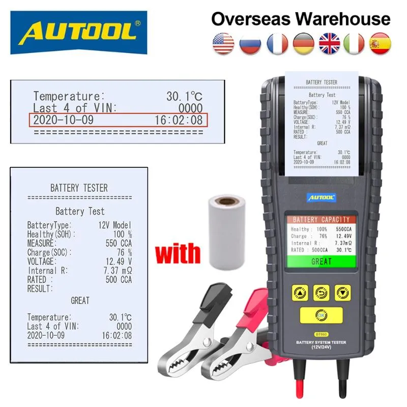 Strumenti diagnostici Tester batteria per auto multilingue con sensore di temperatura Monitoraggio display in tempo reale della stampante 12/24V