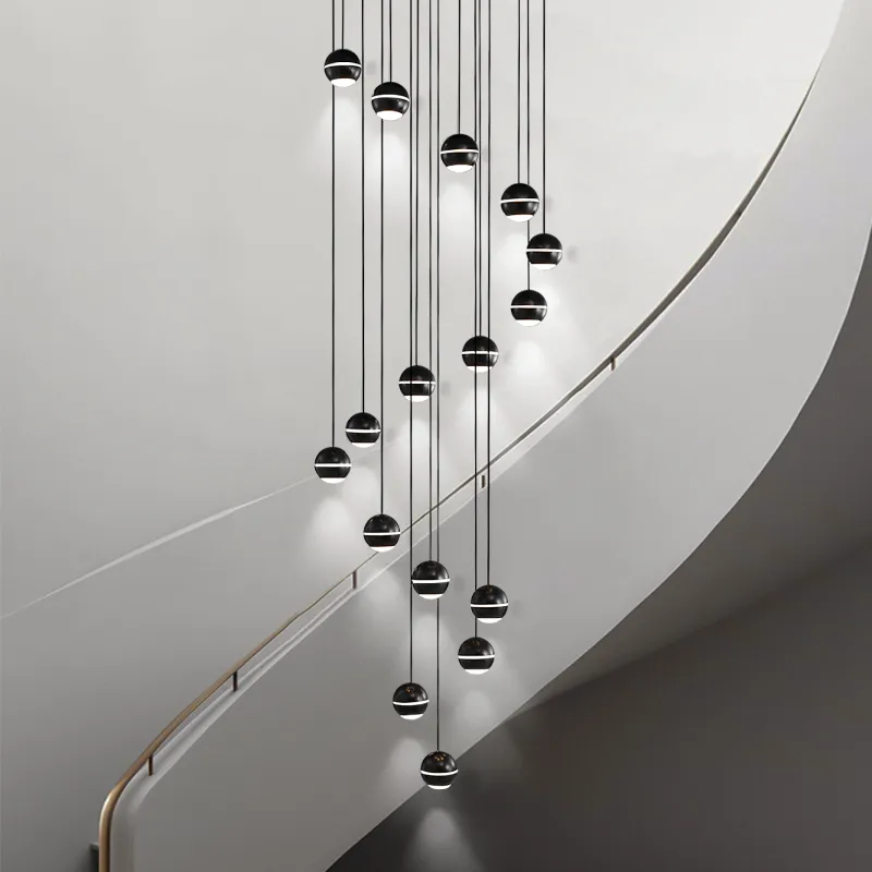 Hängslampor trappa lång ljuskrona villa loft lägenhet hög vardagsrum matsal minimalist svart rymdkula längre ljuskronor