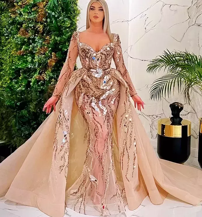 Orders 2022 Plus Size Arabic Aso Ebi Gold Luxurious Mermaid Prom Dresses Beaded Crystals Evening Formal Party Second Reception Birthday Engagement Gowns