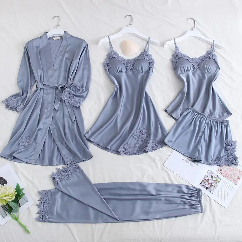 Vêtements de nuit pour femmes gris pyjamas costume femmes 5 pièces vêtements de nuit soyeux rayonne Kimono sommeil Robe ensemble maison vêtements robe peignoir chaud chemise de nuit