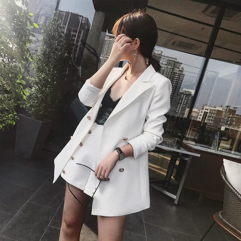 Elegant Office Lady Short Suit Set Women 2 Piece Set White Color Jacket Blazer High midje Mini Pant Suits Female Tracksuit J190426