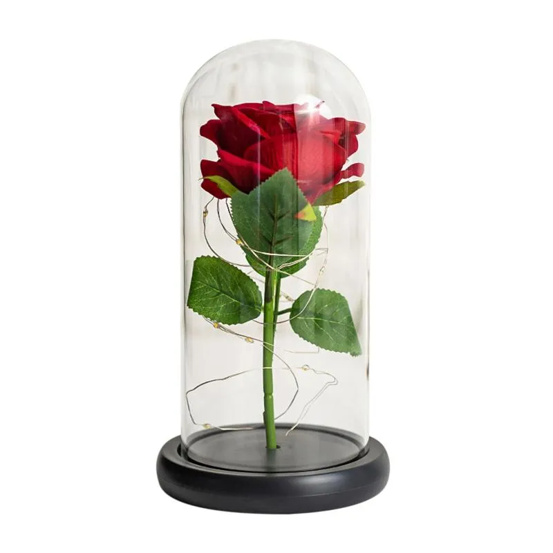 Decorative Flowers & Wreaths Artificial Rose Flower LED Light In Glass Plastic Base For Decorate Valentine's Day Gifts Christmas Lamps