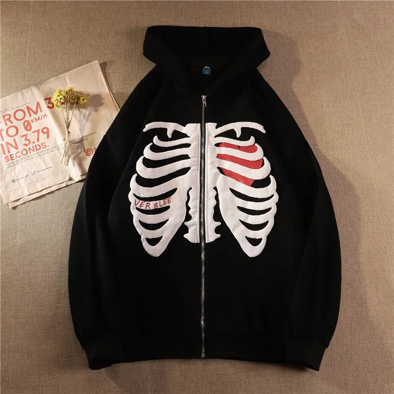 スケルトンプリントパーカー：アニメジップアップパーカー、長袖