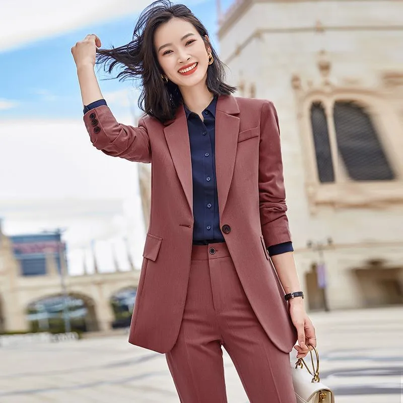 Women's Two Piece Pants Spring Autumn Women Solid Pant Suit Notched Blazer Jacket & Female Office Work Wear Suits Ladies 2 Sets M566Wome