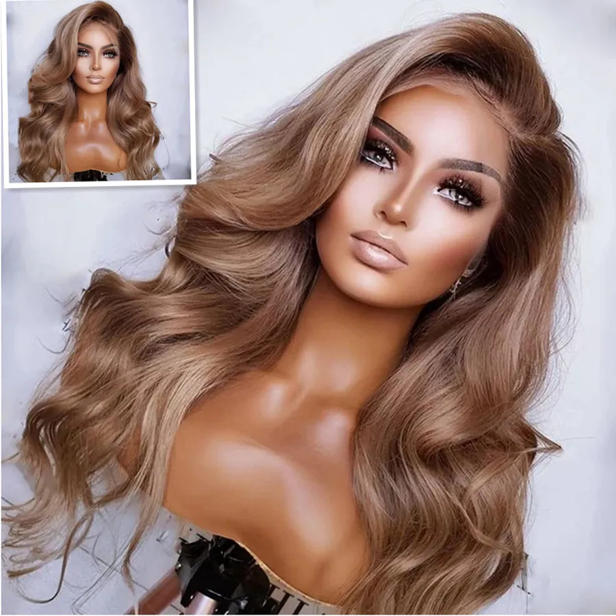 Glueless Ombre Ash Blonde Colorido Peruca Virgem Brasileira Mel Loiro Marrom Lace Front Wigs Ondulado Transparente Filme Fino Cabelo Humano Preplucked 150% Densidade