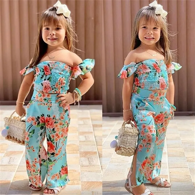 Two Piece Crop Top And Pants Set Summer Floral Off Shoulder Outfit