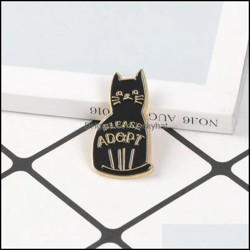 Black Enamel Cat Brooches Button Pins for clothes bag Please Adopt The Badge Of Cartoon Animal Jewelry Gift for friends C3