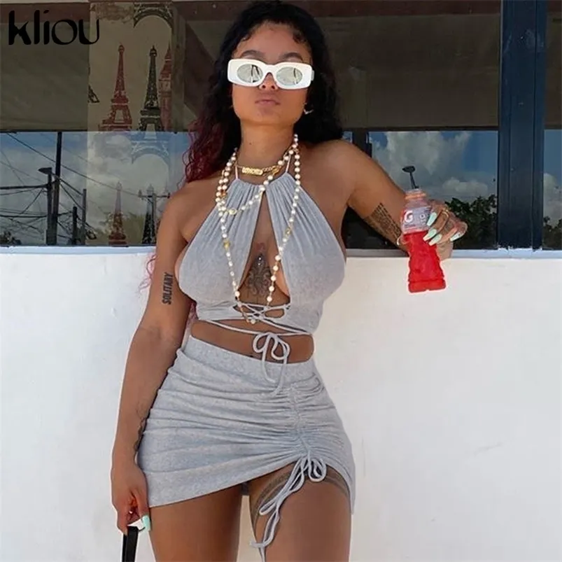 Kliou Frauen Neckholder Bandage Zweiteilige Outfits ärmellose rückenfreie Crop Tops gestapelter Rock passendes Set sexy solide dünne Clubwear LJ201120