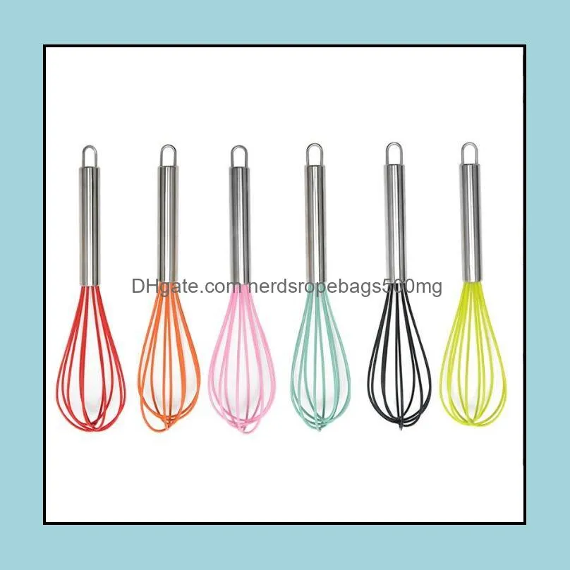 Egg Beater Kitchen Tools Solid Color 10inch Stainless Steel Mini Silicone Whisk for Nonstick Cookware Cooking Utensil RRE12232