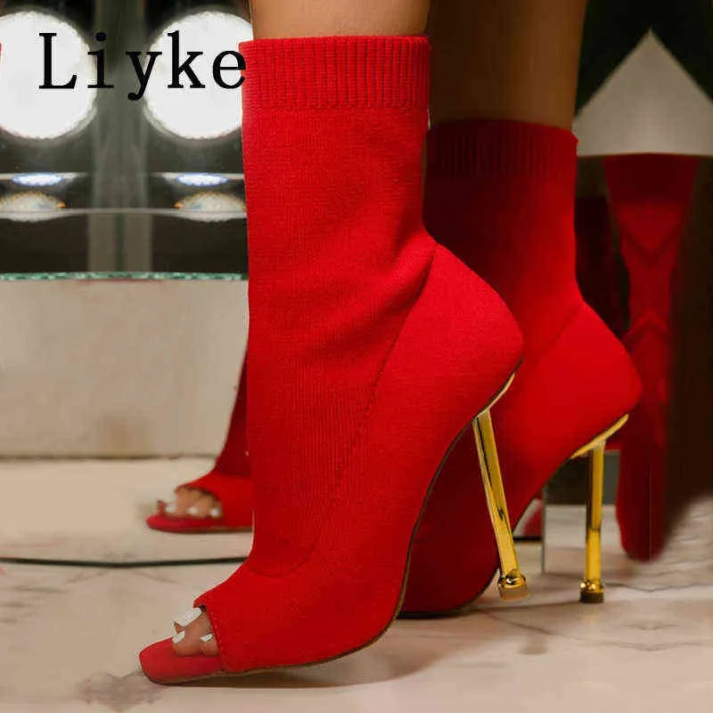 Liyke 2022 Nouveau Sexy Découpé Mince Talons Hauts Rouge Vert Tricoté Stretch Tissu Cheville Chaussettes Bottes Femmes Parti Chaussures De Danse Bottines Y220729