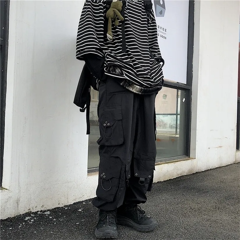 QWEEK Gothic Streetwear Black Cargo Pant Hip Hop Punk Oversize Wide Leg Trousers Female Techwear Korean Style Joggers 220325