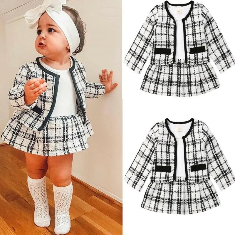 Clothing Sets Kids Baby Girl Pageant Plaid Coat & Tutu Dress Party Outfits Clothes 2PCS Toddler Girls Suit Autumn Winter SetClothing
