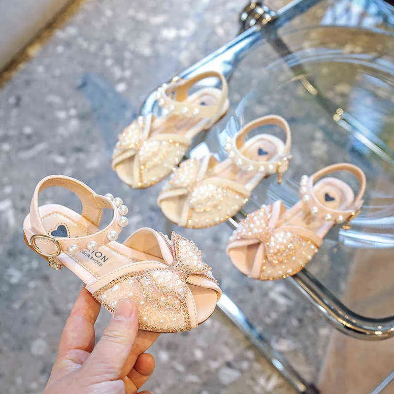 Vis mond sandalen zomer 2022 NIEUWE KID SCHOON LEDER LEDER BABY PRINSES PARTIJ SCHOOT Sandalen Girl Pearl Fashion Bow Shoe 2-11 G220523