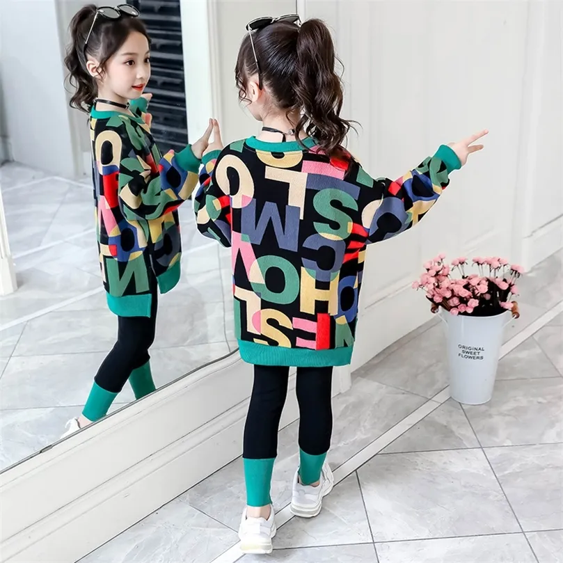 Barnkläder passar flickor Autumn Clothing Fashion Casual Big Children's Letter Sweater  Leggings Two-Piece Set 220507