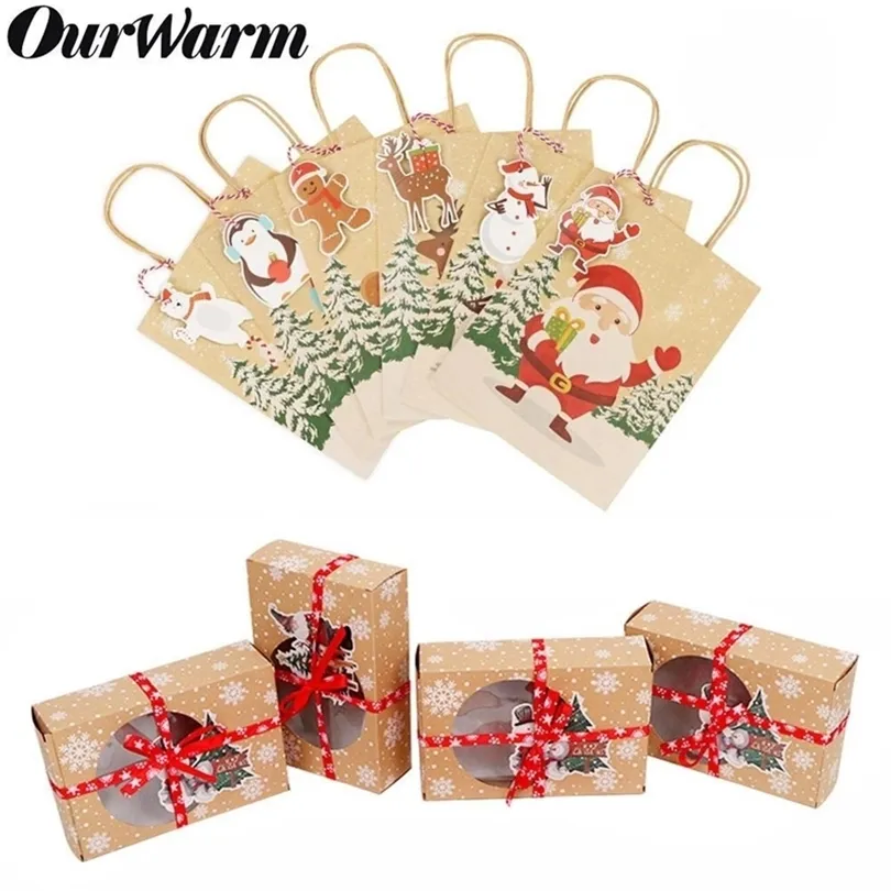 Ourwarm 12pcs Kraft Paper Christmas Gift Box Candy Bags Kerstfeest Spoedvoorraden Inpakken Geschenkdoos Nieuwjaar Gift Bags 201006
