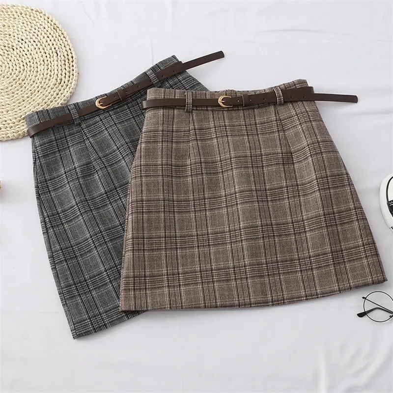 Autumn Korean Women Plaid kjol kvinnor hög midja aline kjolar vinter vintage gitter mini kort kvinnlig khaki grå 210306