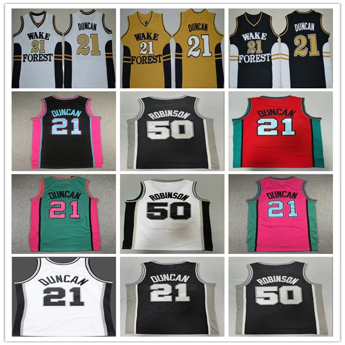 Uomo Retro Wake Forest Tim 21 Duncan College Maglie da basket Nero Bianco Giallo cucita David 50 Robinson Maglia vintage Rosa Rosso Verde