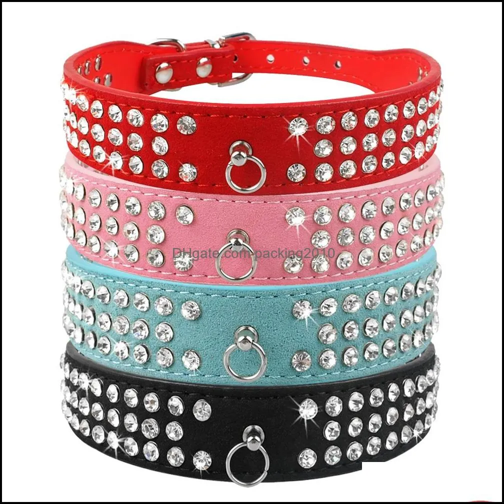 (6 Colors Mixed) Brand New Suede Leather Dog Collars 3 Rows Rhinestone Collar Diamante Cute Pet 100% Quality 4 Sizes Drop Delivery 2021 Le