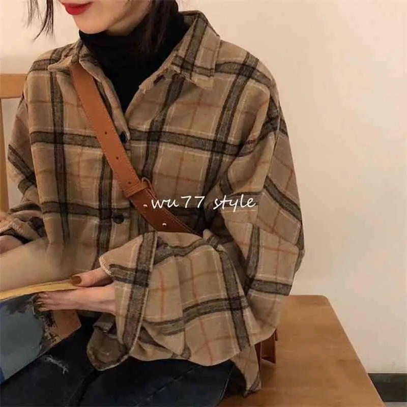 Kvinnor Autumn Winter Long Sleeve Blue Fleece Shirts Loose Female Plaid Blouse Casual Street Lady Korean Overdimensionerad topp 210401