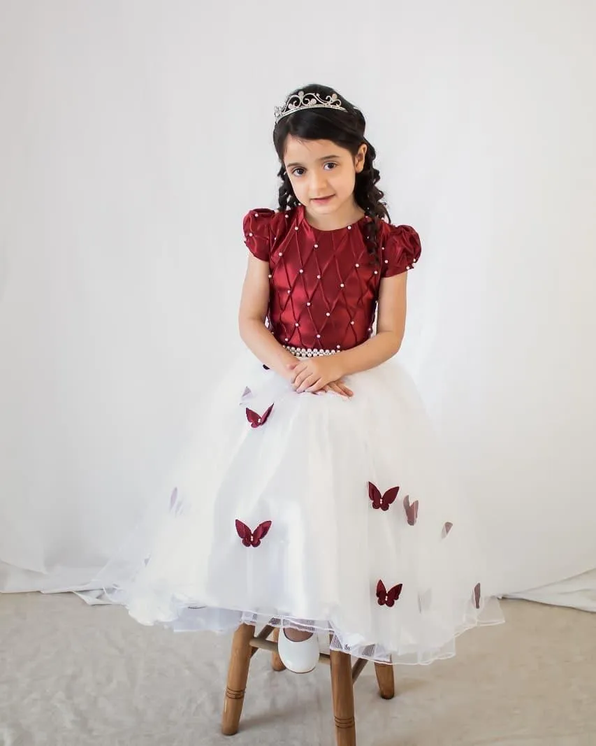 Güzel Güzel Bordo Balo Çiçek Kız Elbise Düğün Için Jewel Boyun Aplike Boncuk İnciler Ayak Bileği Uzunluğu Yay İlk Communion Doğum Günü Elbise
