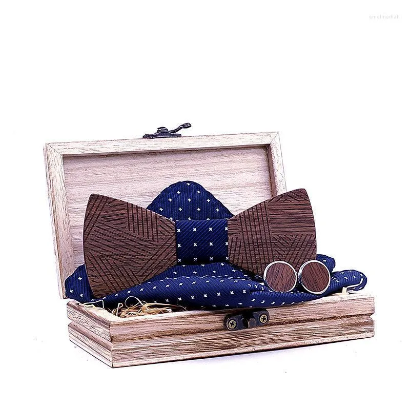 Noeud papillon Sitonjwly Vintage en bois noeud papillon poche carré boutons de manchette ensemble pour hommes mariage mouchoir bois cravate Noeud Paperon homme CorbasBow Emel