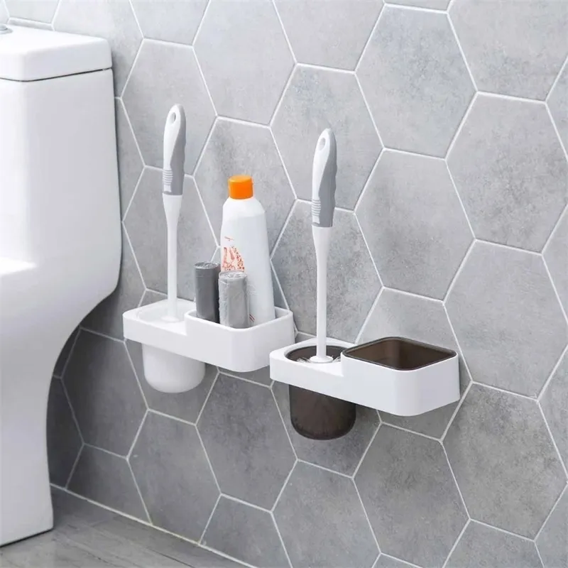 Ensemble de porte-brosse de toilette mural Ensemble de salle de lavage Étagère de rangement en plastique Rack Cleaner Accessoires de salle de bain Y200407