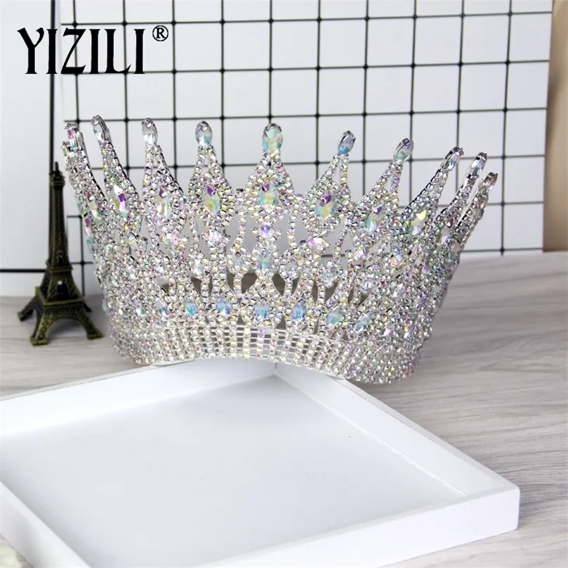 Yizili Luxury Big European Bride Wedding Crown Gorgeous Crystal Large Round Queen Crown Wedding Hair Accessoires C021 210203