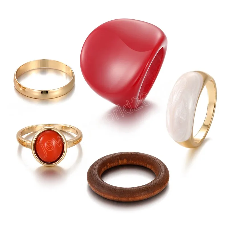 Trendy Ring Set for Women Exaggerated Red Resin Wooden Geometric Finger Ring Punk Fashion Jewelry