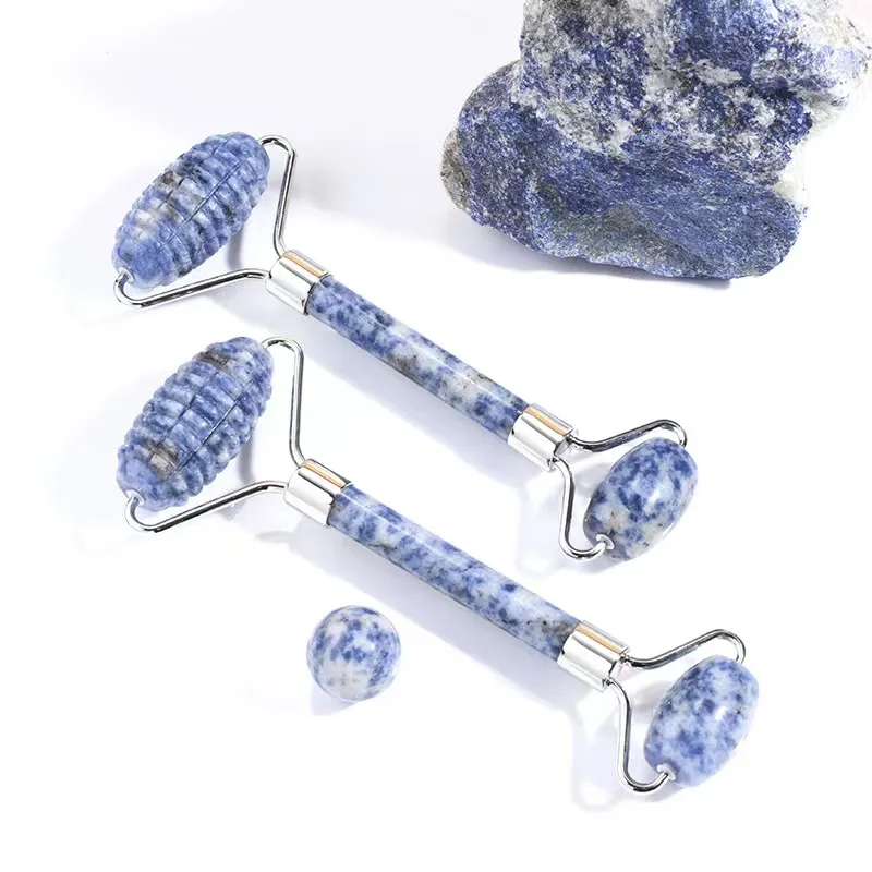 Massaggio viso Strumento per la cura della pelle all'ingrosso Bellezza dente di sega Blu naturale Sodalite Pietra Rullo per il viso Strumenti per rulli facciali in giada