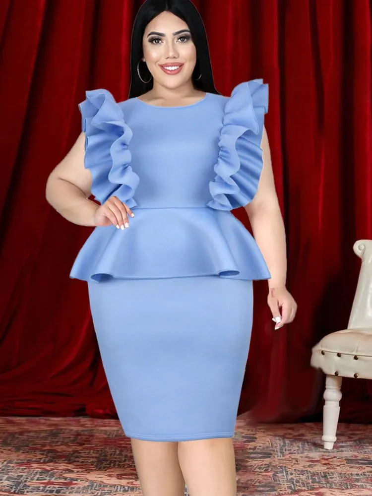 Robes de grande taille volants Peplum robe de soirée femmes bleu paquet hanche O cou fermeture éclair moulante mince taille haute longueur midi soirée de noël