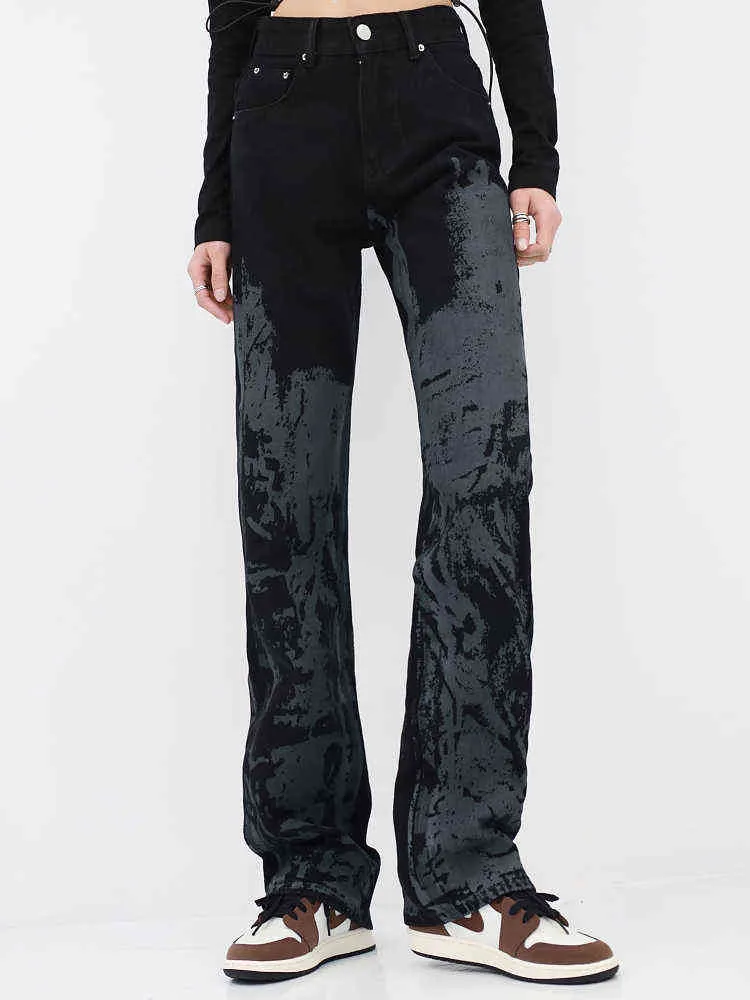 Tie-dye jeans dames lente zomer nieuwe Amerikaanse sfeer stijl high street rechte neutrale broek los brede been broek vrouwelijk l220726