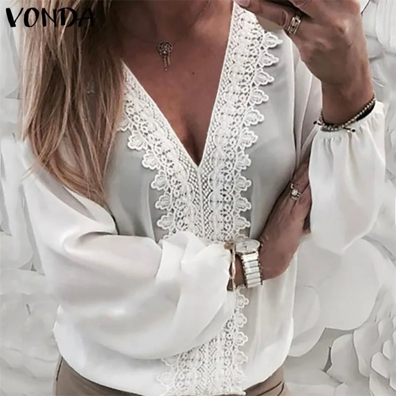 Vonda Women Bluses 2019 Sexy V Neck Lace Crochet Shirts Long Lantern Sleeve Hollow Out Tops Casual Loose Plus Size Blus T200321