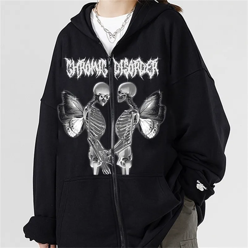 Herrtröja Spot Winged Skull Print Zip Sweater Gothic Fleece Men's and Women's Autumn and Winter Oversize Sports Hoodie 220815