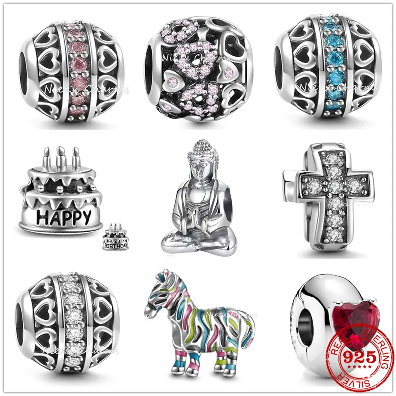 925 Sterling Silver Dangle Charm Boeddhistische Boeddha Cross Cake Kleurrijk Zebra Diy Beads Bead Fit Pandora Charms Bracelet Diy Sieraden Accessoires