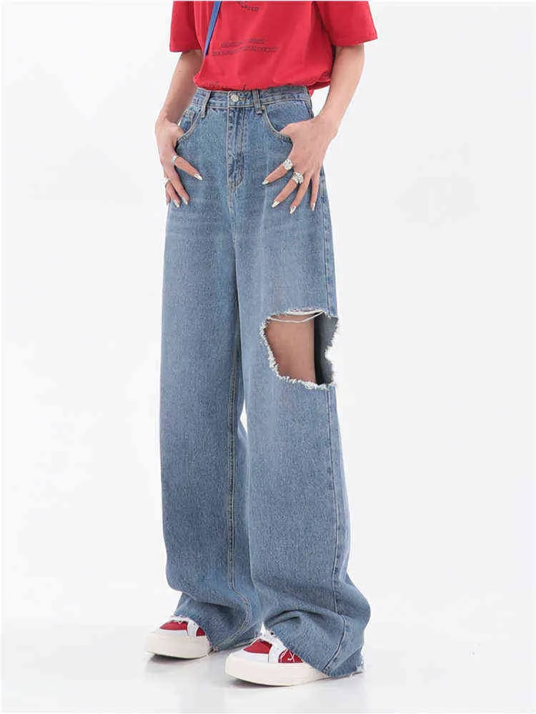 Mode d'été Nouvelles Femmes Jeans Y2K Taille Haute Pantalon En Denim Streetwear Trou Déchiré Baggy Jeans Lâche Femmes Pantalon De Base L220726