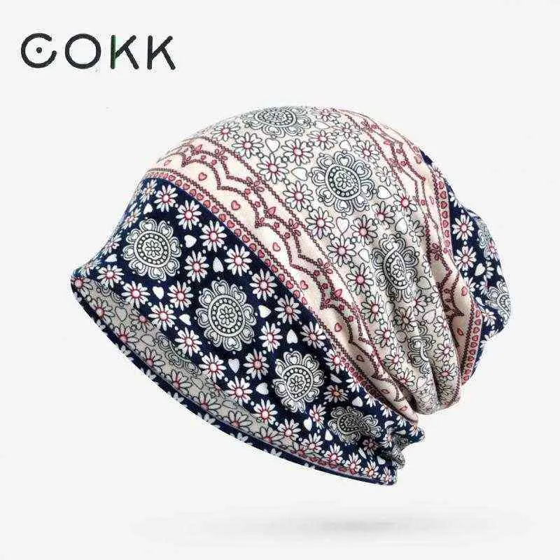 COKK Patrones de flores de algodón Beanie Sombreros de mujer Sombreros vintage Sombrero de tulband Sombrero de algodón fino para mujer Sombrero elástico J220722
