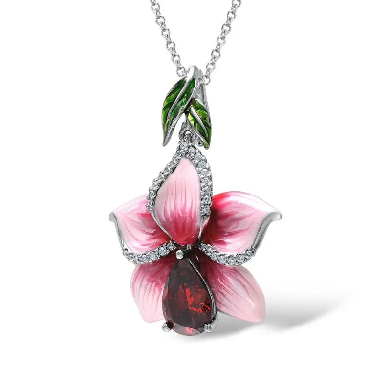Chaînes en argent Sterling femme collier de luxe chaîne excellente élégante fleur en émail rouge grand pendentif pour femme bijoux chaînes
