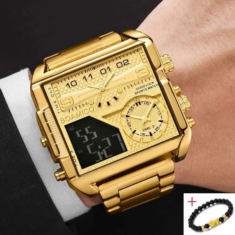 Wristwatches BOAMIGO Sport Square Digital Analog Big Quartz Watch Top Fashion Gold Stainless Steel Men Watches Male Clock