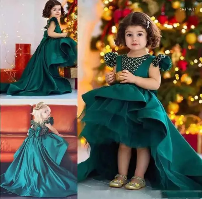 Robes de fille Fille Vintage Fleur Verte Filles Haut Bas Satin Bow Cap Manches Tulle Robe De Fête D'anniversaire Enfant Pageant Vêtements De Cérémonie Personnalisé