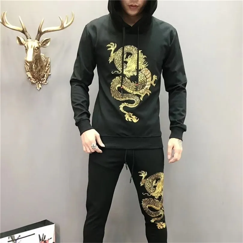 Luxury Hooded 2 Piece Set Sweatshirt And Pants Suits Sets Jogging Homme Black Men's Set Casual Embroidery Dragon Mens Tracksuit 201210