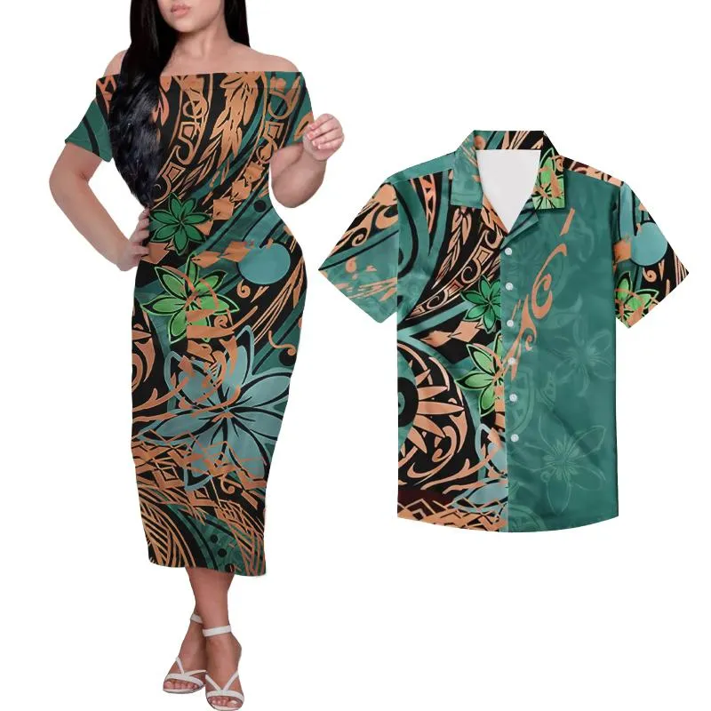 Dresses Custom Couple Matching Outfit Wholesale Polynesian Off Shoulder Floral Dress Women Elegant Gowns for Wedding Guest Casual